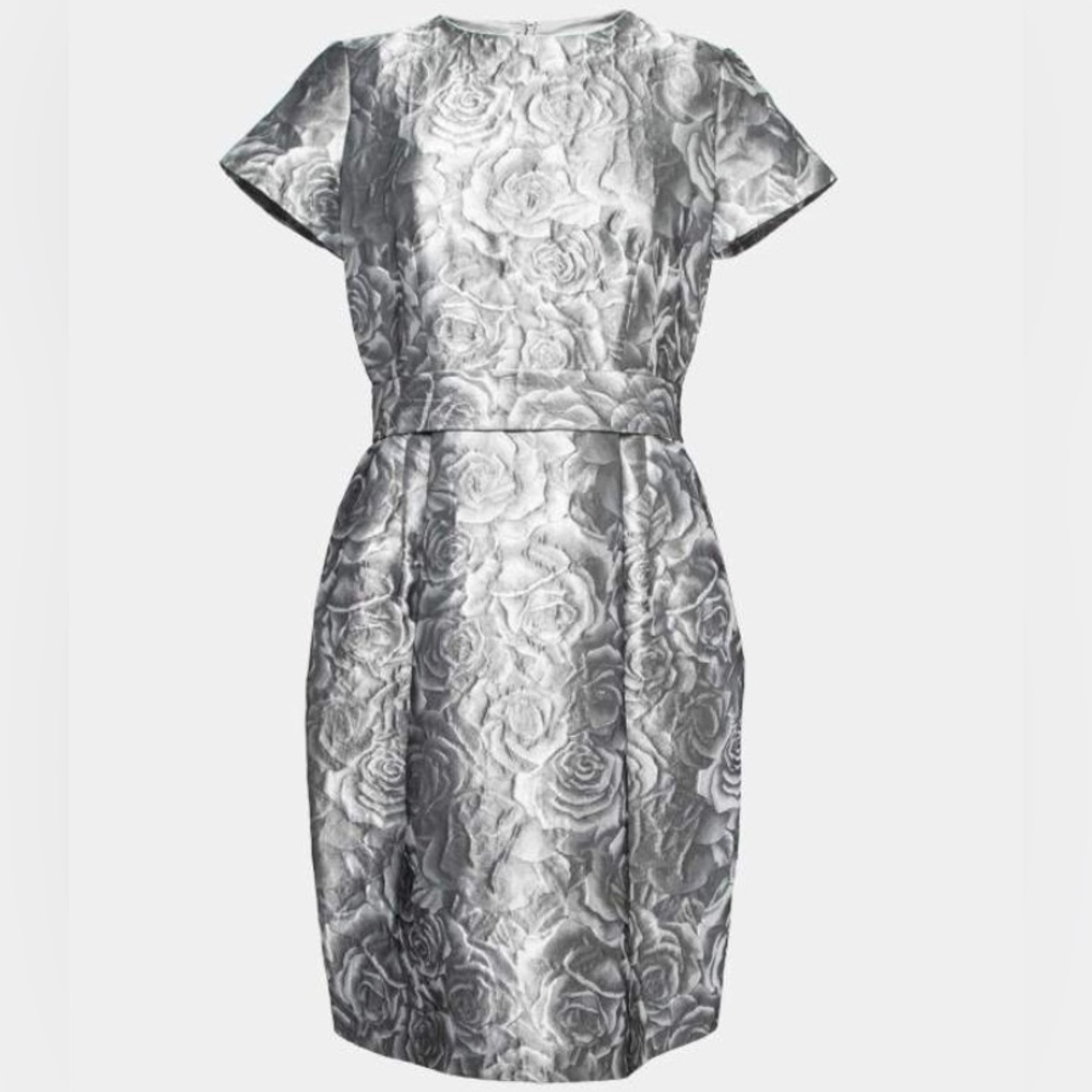 CH Carolina Herrera Grey Floral Embossed Jacquard Belted Knee Length Dress s 2